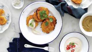 Latke recipe served with vegan chili cream