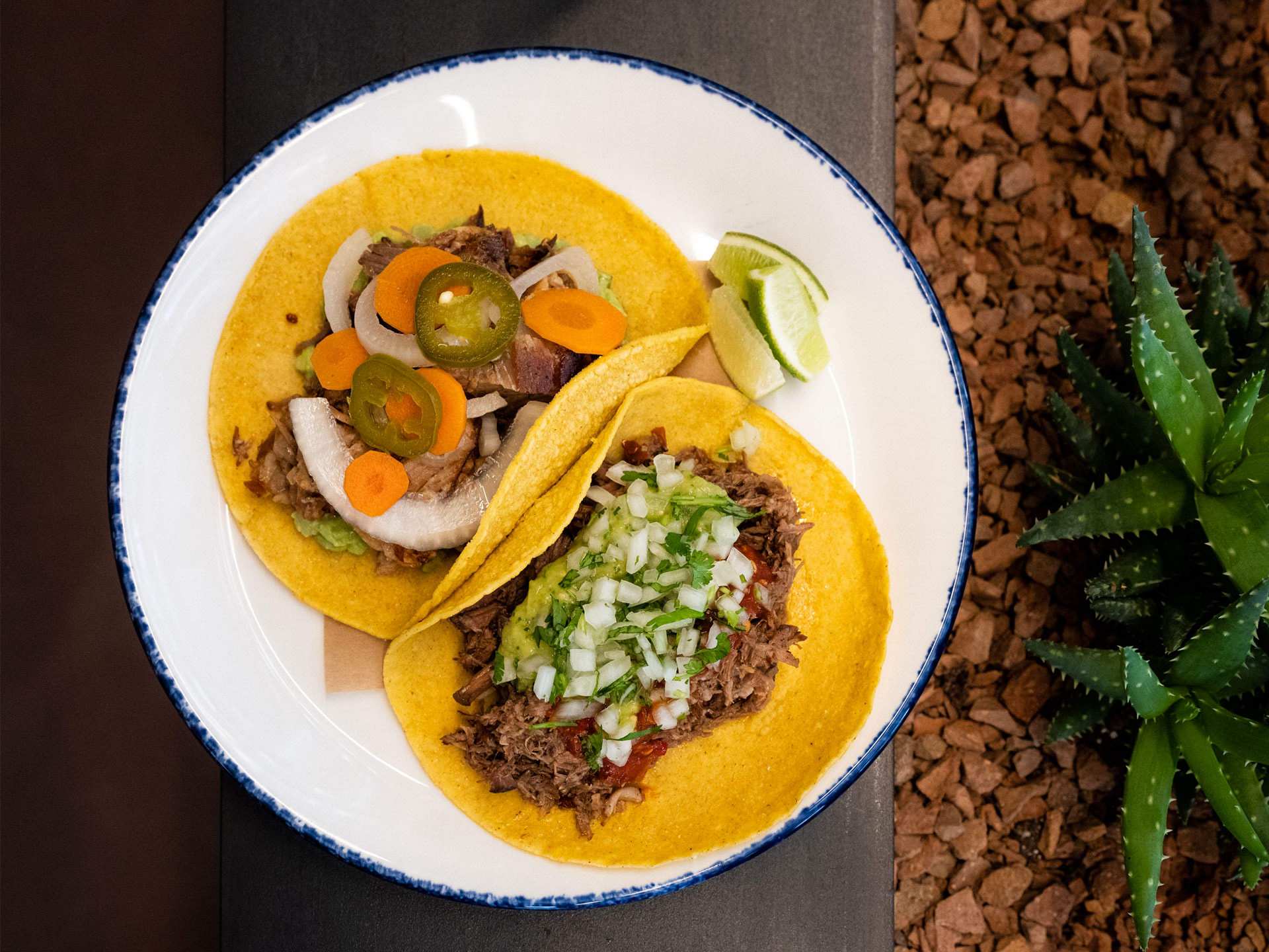 Toronto Michelin Guide | Carnitas with guacamole and escabeche vegetables; Birria with salsa verde , salsa roja, onion and cilantro