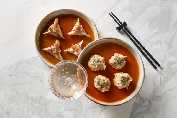 Shrimp and kimchi gyoza at AP restaurant in Toronto