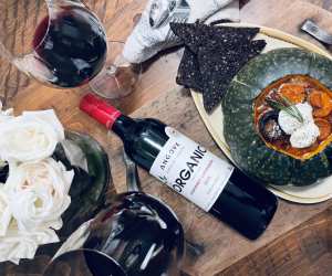 A bottle of Angove Organic Cabernet Sauvignon and vegetarian squash pot stew