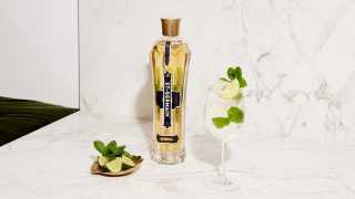 A bottle of St-Germain Elderflower Liqueur with a spritz cocktail