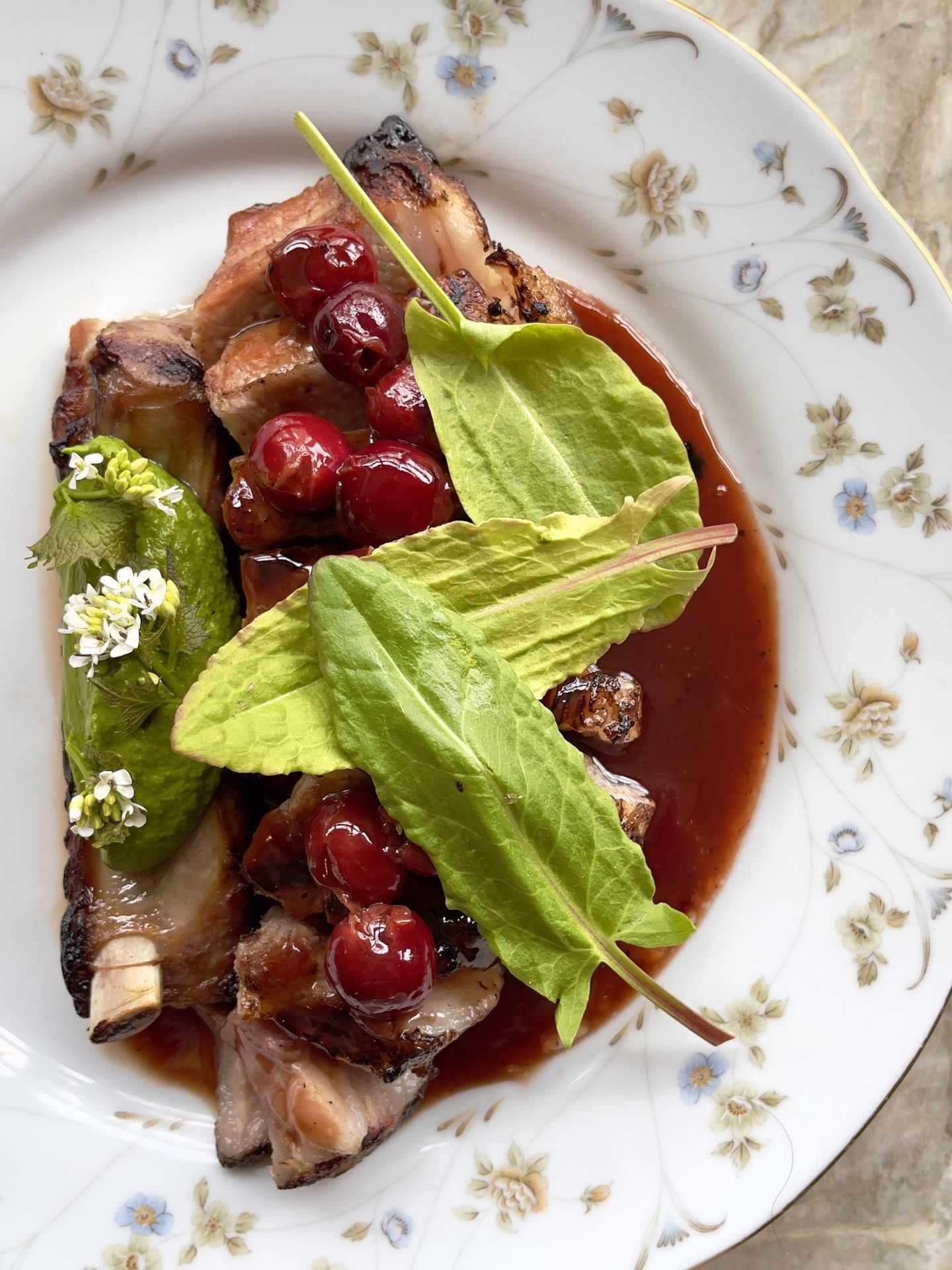 The Wood Owl | Smoked Berkshire pork chop, sour cherries and wild garlic pesto