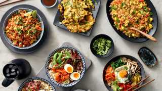 Egg recipes for dinner | Pad Thai, spicy beef ramen, fried rice and bibimbap in a spread with other dishes made with eggs