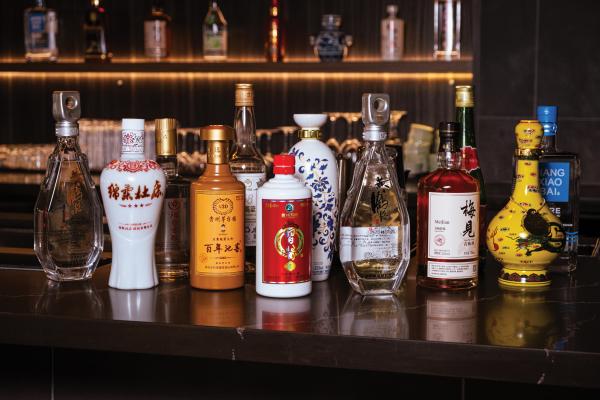 Baijiu in Toronto | An assortment of baijiu bottles at Hong Shing