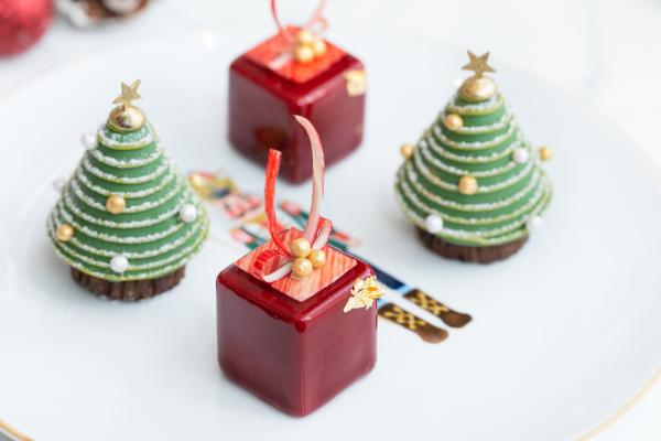 Christmas tree and present shaped pastries at the Shangri-La Toronto Nutcracker Afternoon Tea