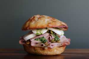 Leslie's Sandwich Room | La Morta, with mortadella, fior di latte and pistachios